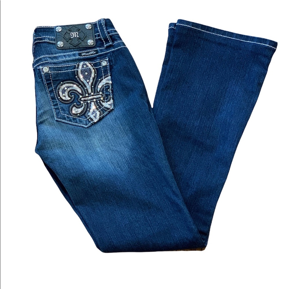 MISS ME Signature Boot Embellished Fleur De Lis Jeans